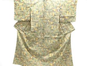 未使用品　樹木に家屋模様織出し西陣お召し着物